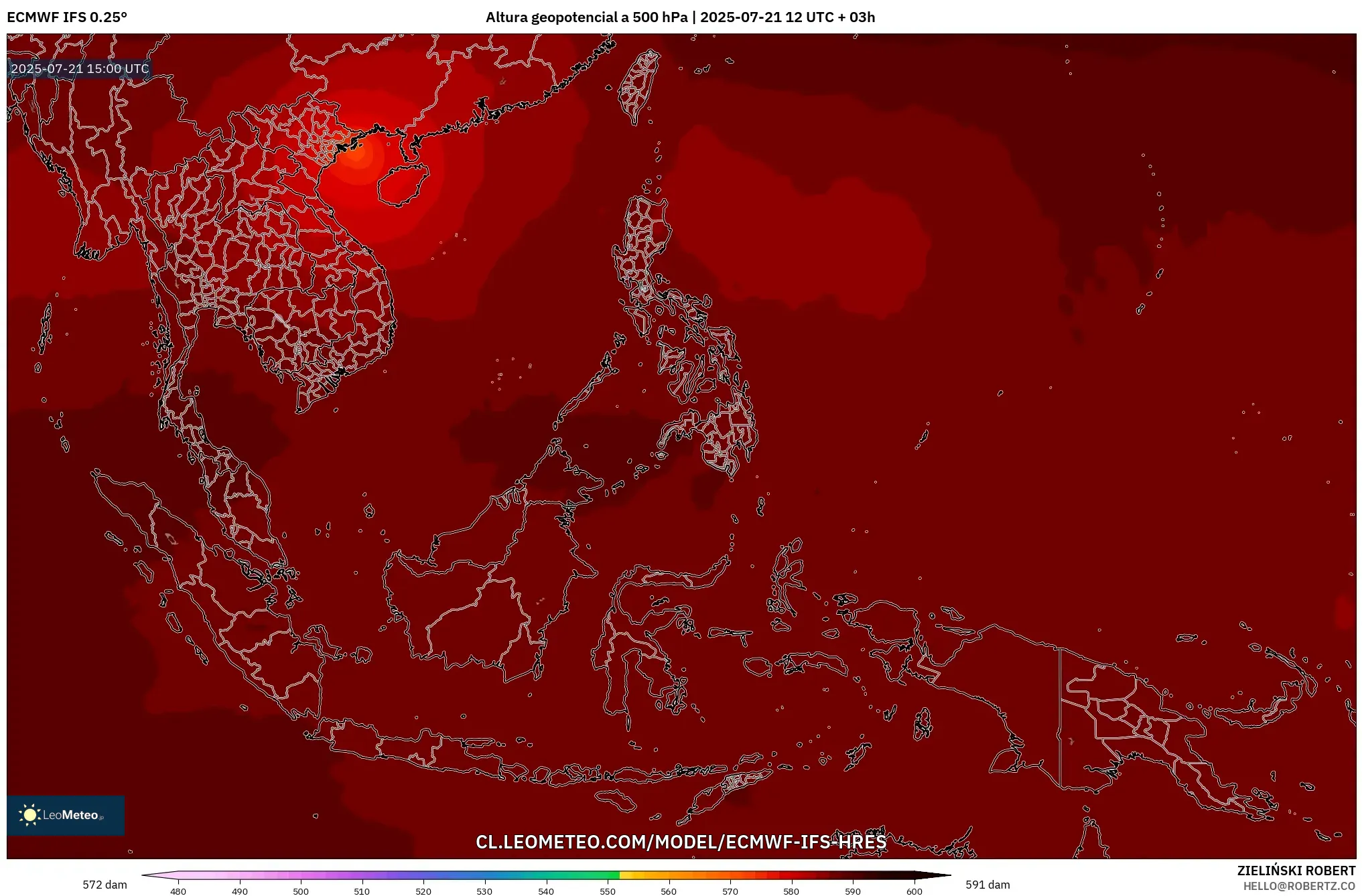 ECMWF IFS 0.25° model - Sudeste Asiático, Altura geopotencial a 500 hPa ECMWF IFS 0.25° model - Sudeste Asiático, Altura geopotencial a 500 hPa