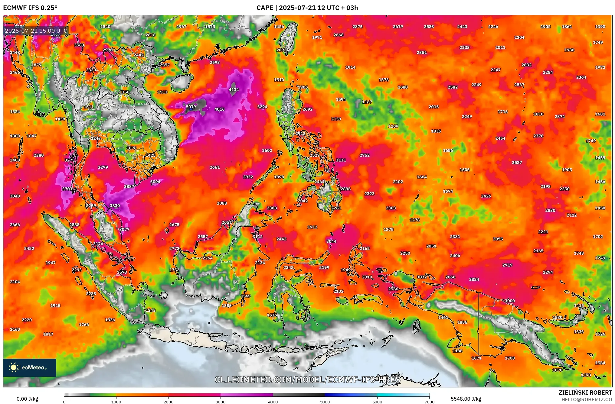 ECMWF IFS 0.25° model - Sudeste Asiático, CAPE ECMWF IFS 0.25° model - Sudeste Asiático, CAPE