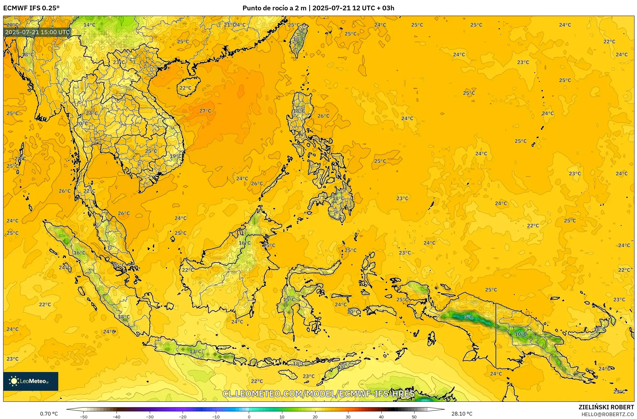 ECMWF IFS 0.25° model - Sudeste Asiático, Punto de rocío a 2 m ECMWF IFS 0.25° model - Sudeste Asiático, Punto de rocío a 2 m