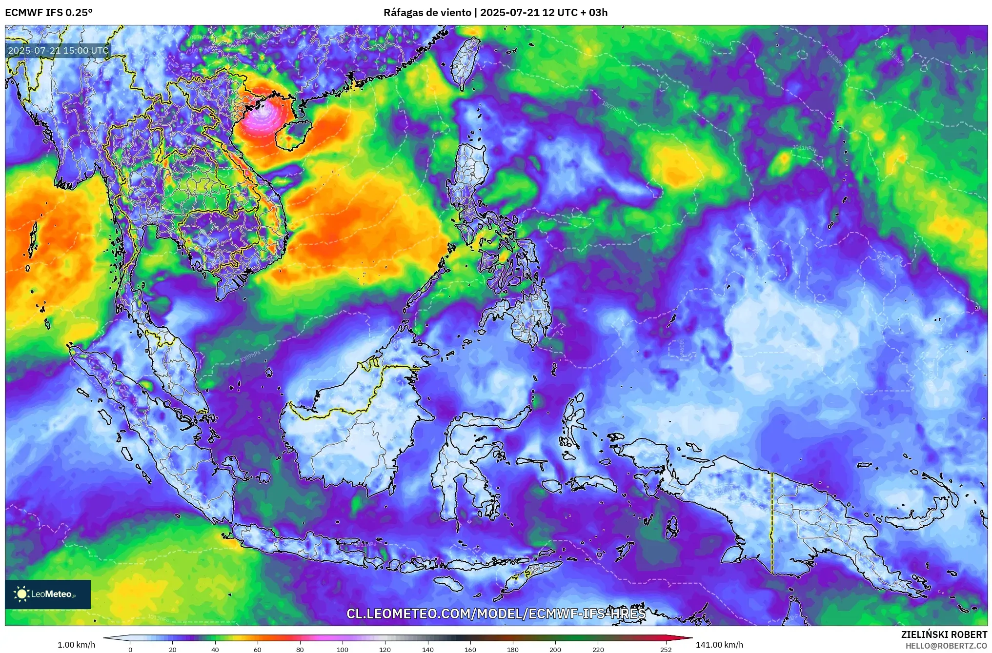 ECMWF IFS 0.25° model - Sudeste Asiático, Ráfagas de viento ECMWF IFS 0.25° model - Sudeste Asiático, Ráfagas de viento