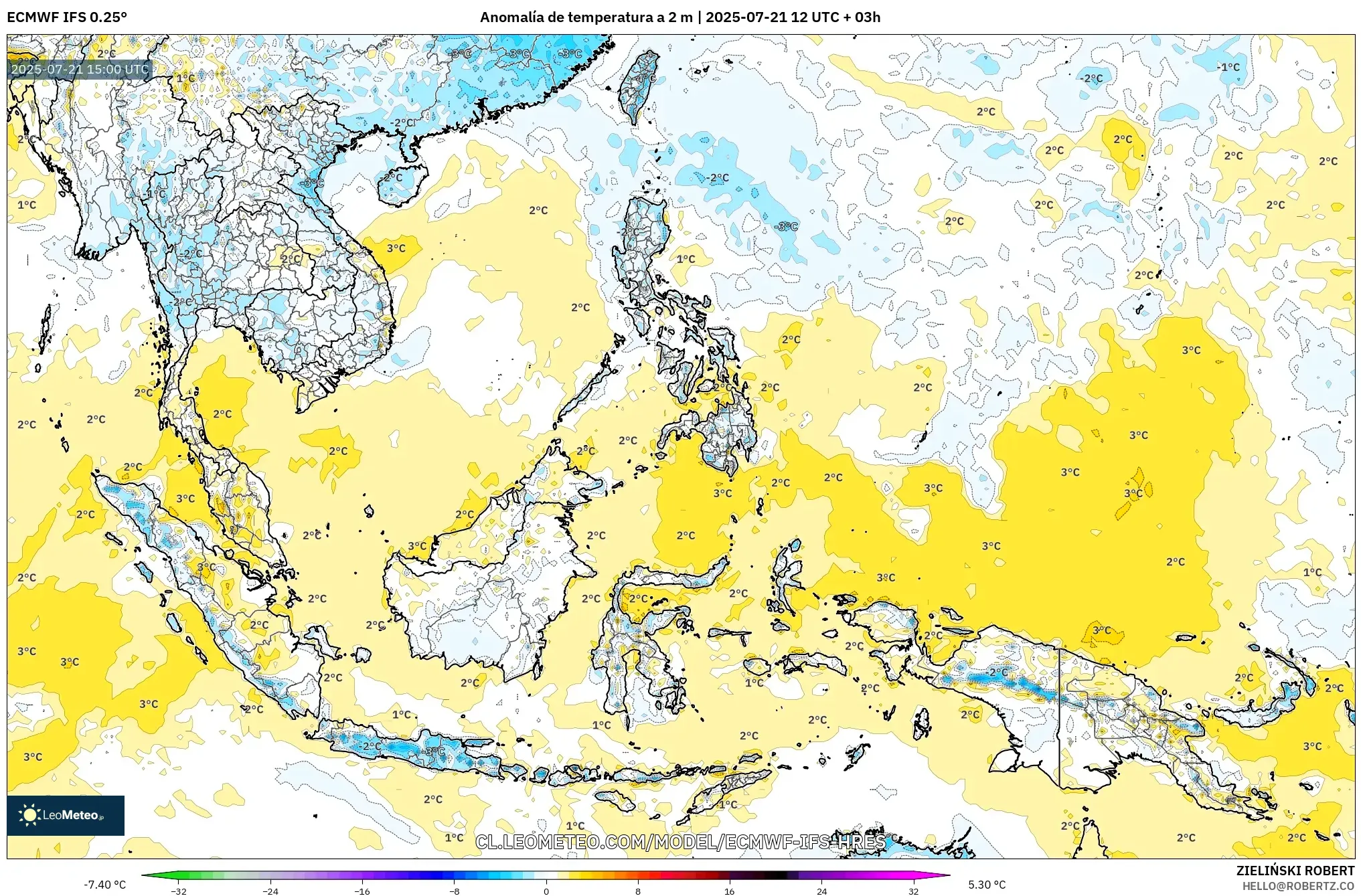 ECMWF IFS 0.25° model - Sudeste Asiático, Anomalía de temperatura a 2 m ECMWF IFS 0.25° model - Sudeste Asiático, Anomalía de temperatura a 2 m