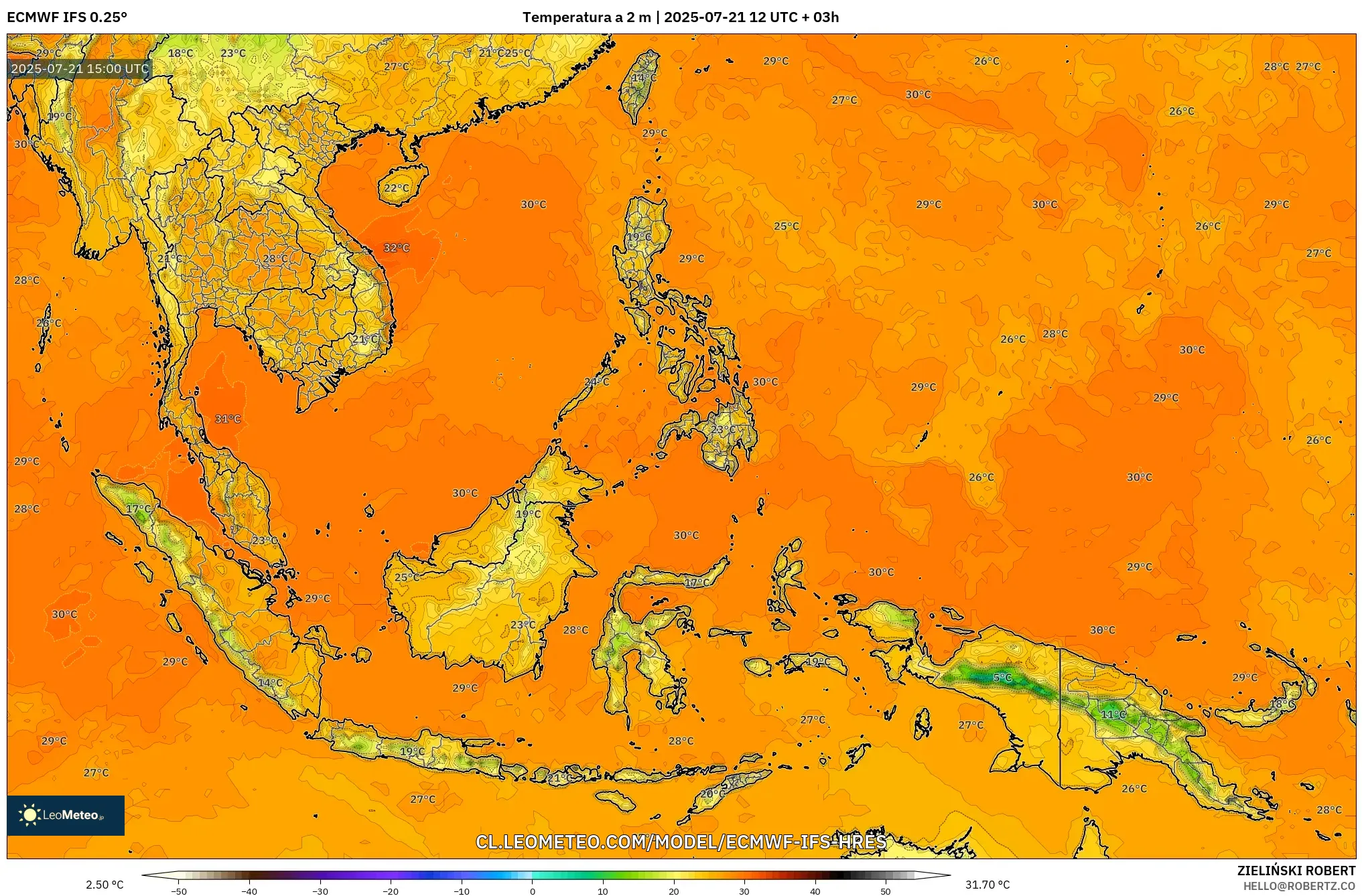ECMWF IFS 0.25° model - Sudeste Asiático, Temperatura a 2 m ECMWF IFS 0.25° model - Sudeste Asiático, Temperatura a 2 m