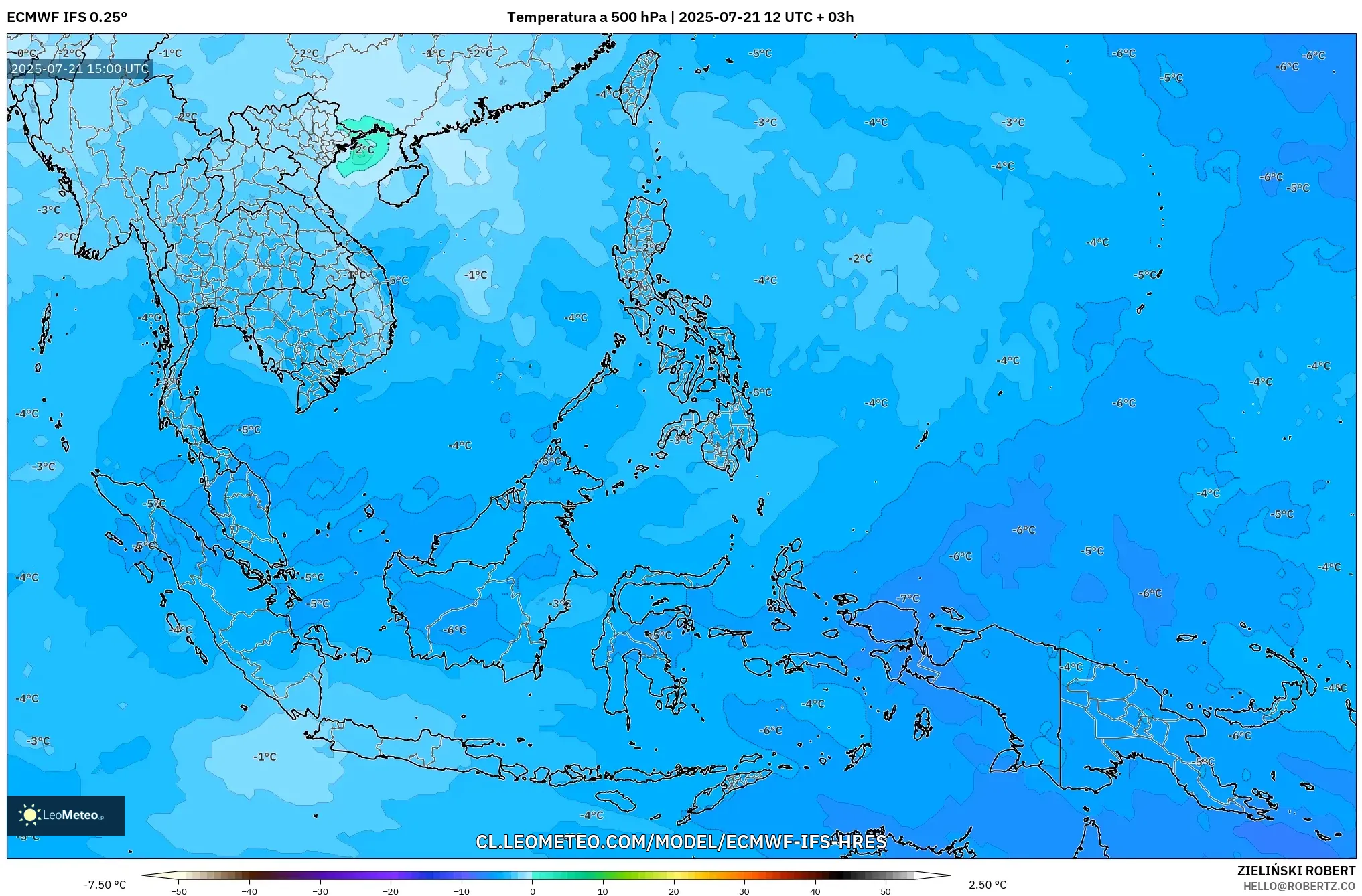 ECMWF IFS 0.25° model - Sudeste Asiático, Temperatura a 500 hPa ECMWF IFS 0.25° model - Sudeste Asiático, Temperatura a 500 hPa