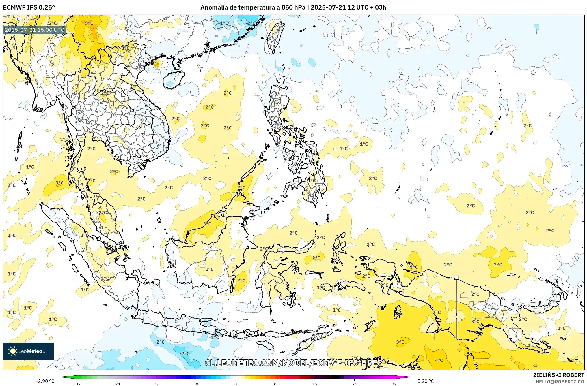 ECMWF IFS 0.25° model - Sudeste Asiático, Anomalía de temperatura a 850 hPa ECMWF IFS 0.25° model - Sudeste Asiático, Anomalía de temperatura a 850 hPa