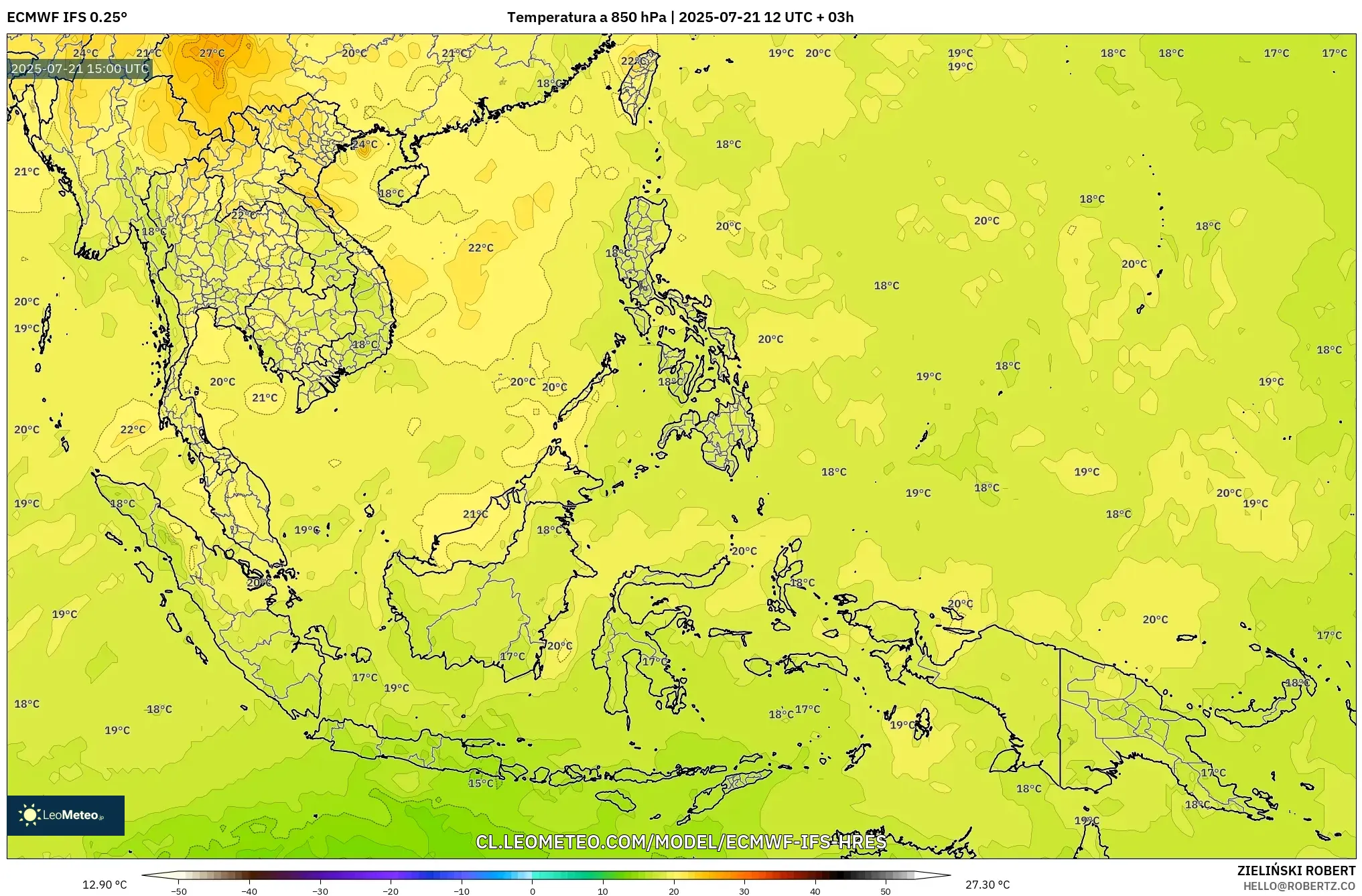 ECMWF IFS 0.25° model - Sudeste Asiático, Temperatura a 850 hPa ECMWF IFS 0.25° model - Sudeste Asiático, Temperatura a 850 hPa