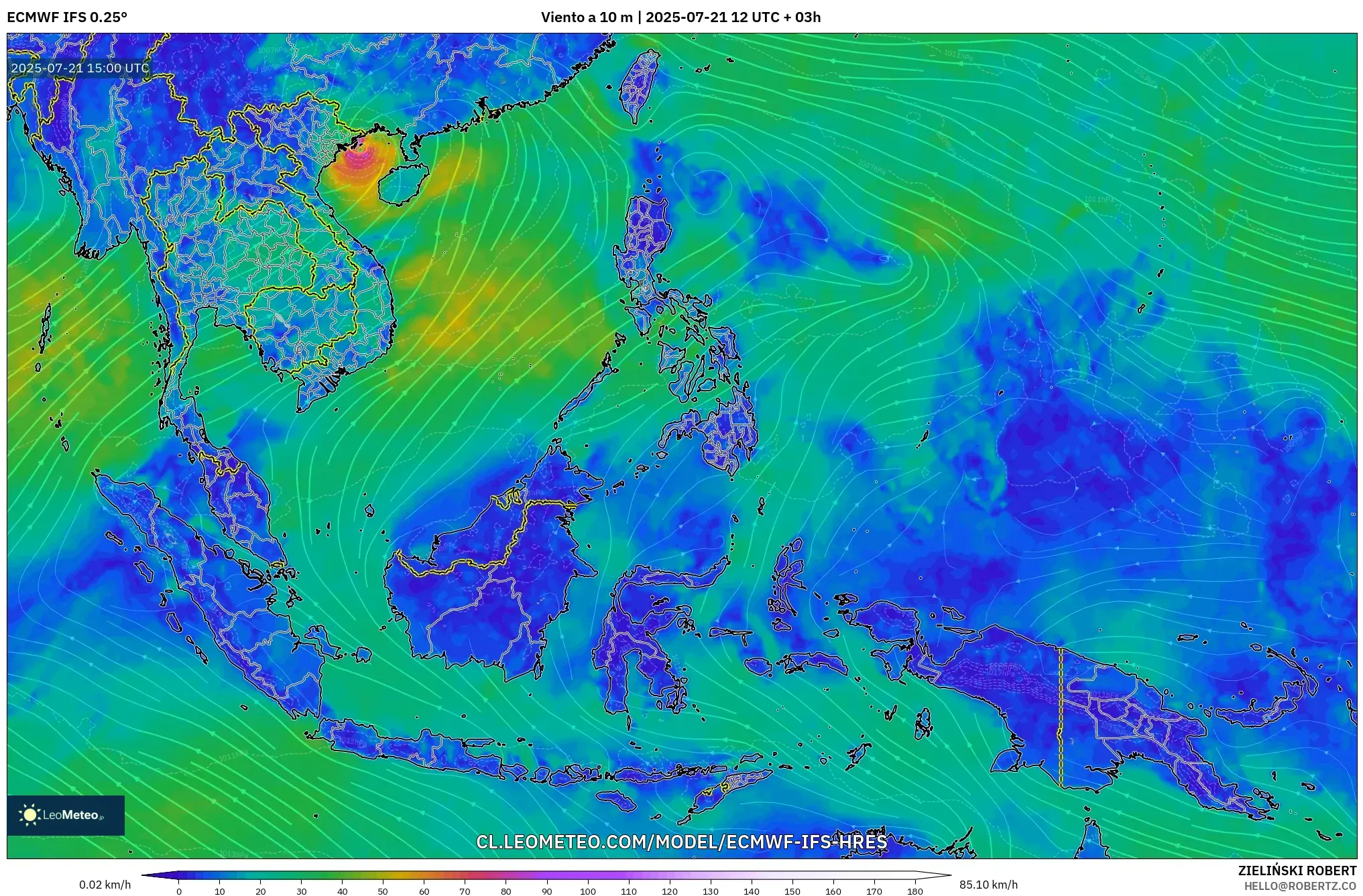 ECMWF IFS 0.25° model - Sudeste Asiático, Viento a 10 m ECMWF IFS 0.25° model - Sudeste Asiático, Viento a 10 m