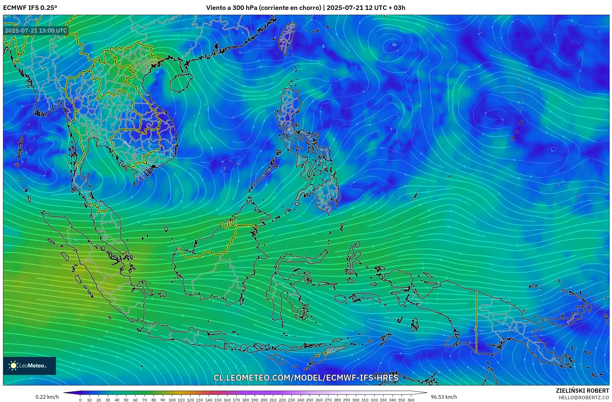 ECMWF IFS 0.25° model - Sudeste Asiático, Viento a 300 hPa (corriente en chorro)