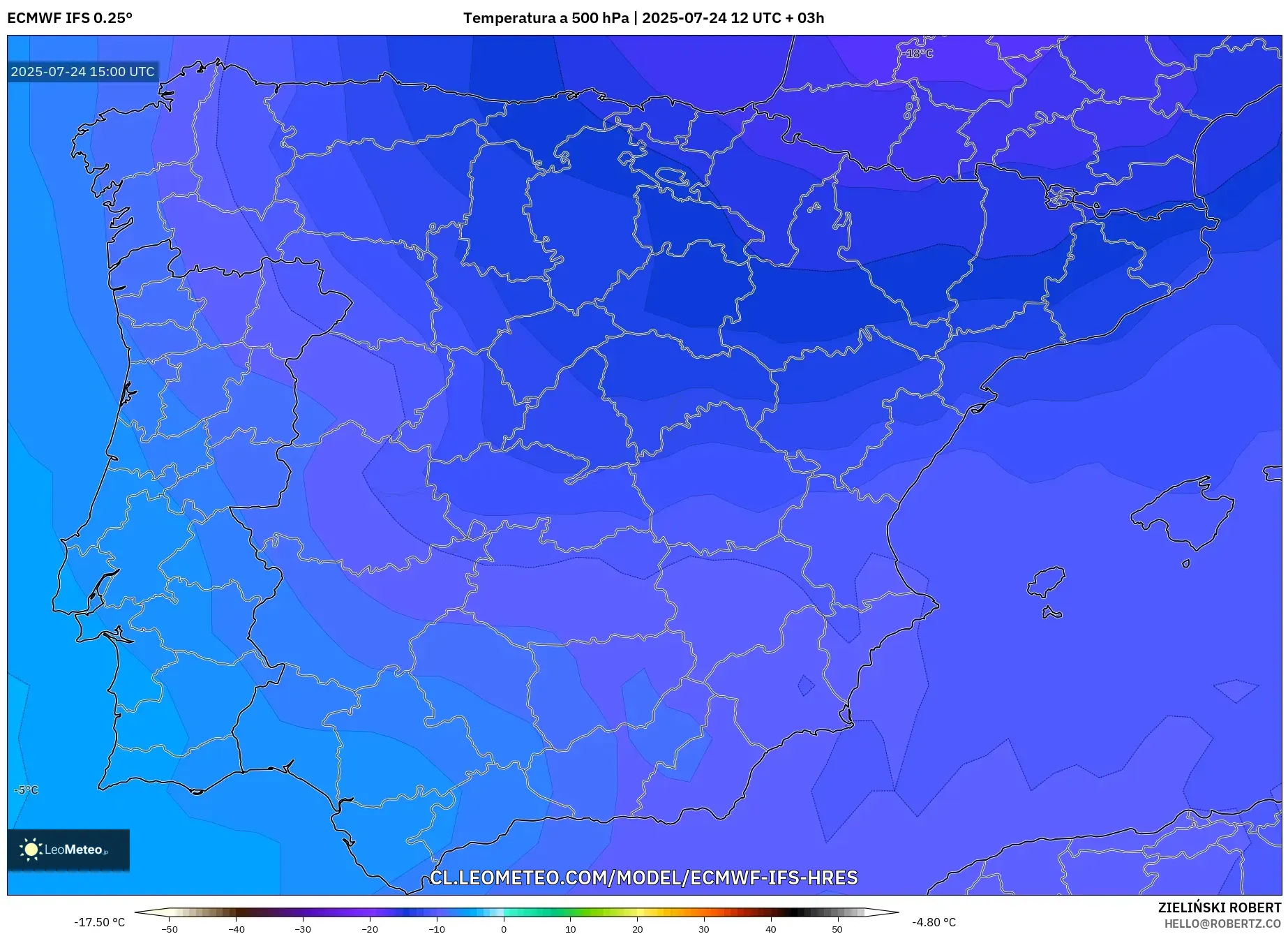 ECMWF IFS 0.25° model - España, Temperatura a 500 hPa