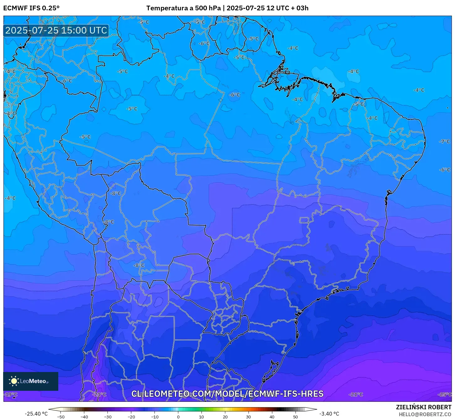 ECMWF IFS 0.25° model - Brasil, Temperatura a 500 hPa ECMWF IFS 0.25° model - Brasil, Temperatura a 500 hPa
