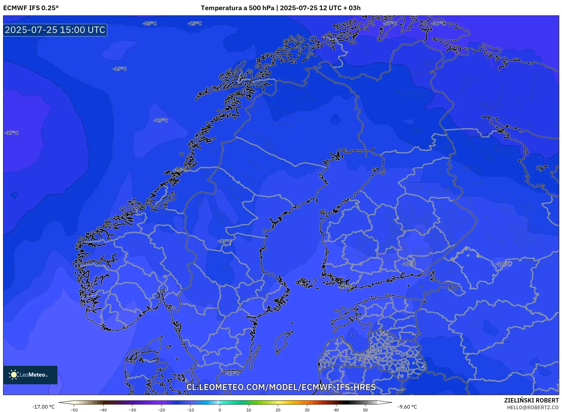 ECMWF IFS 0.25° model - Escandinavia, Temperatura a 500 hPa