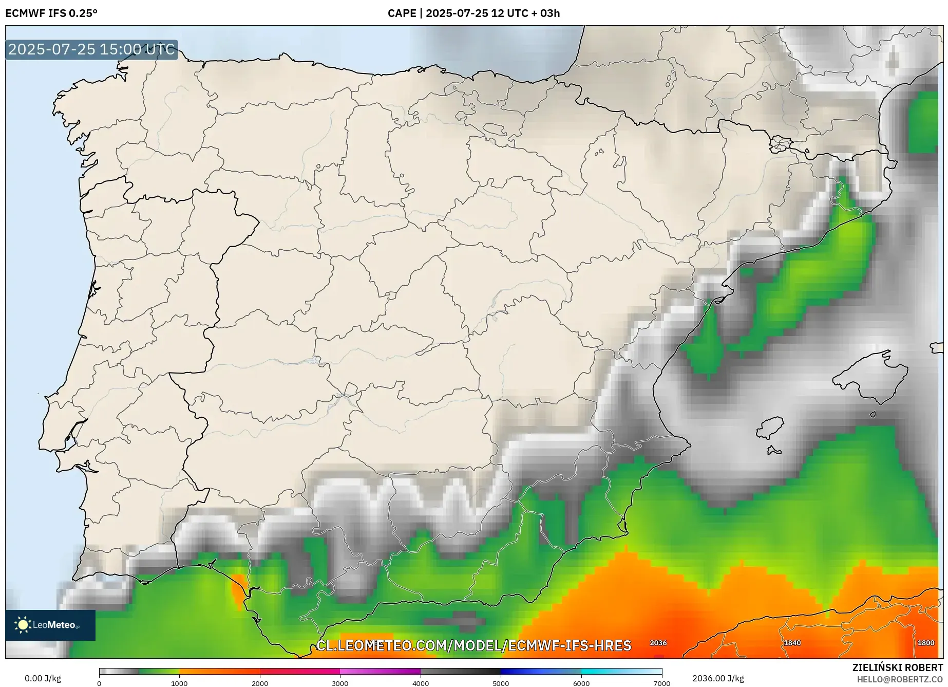 ECMWF IFS 0.25° model - España, CAPE ECMWF IFS 0.25° model - España, CAPE