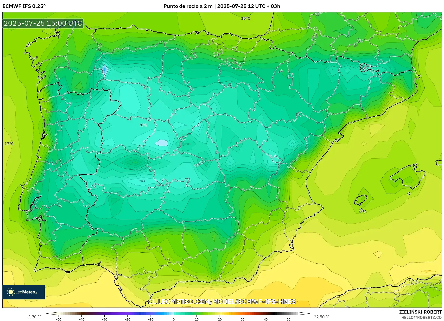 ECMWF IFS 0.25° model - España, Punto de rocío a 2 m ECMWF IFS 0.25° model - España, Punto de rocío a 2 m