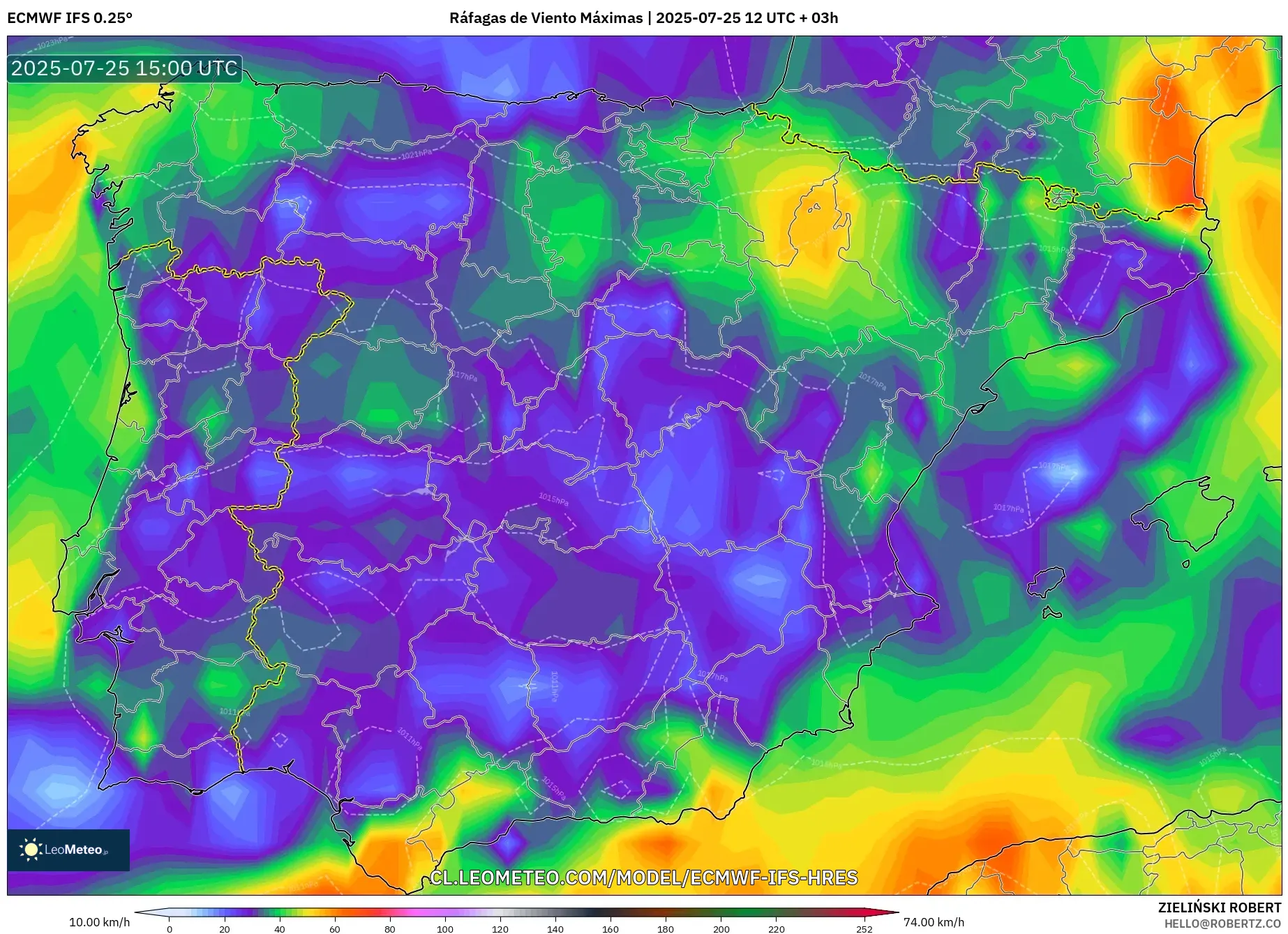 ECMWF IFS 0.25° model - España, Ráfagas de Viento Máximas ECMWF IFS 0.25° model - España, Ráfagas de Viento Máximas