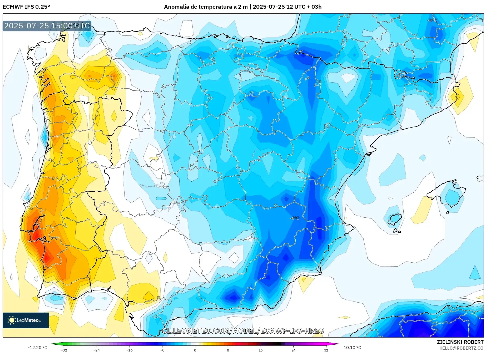ECMWF IFS 0.25° model - España, Anomalía de temperatura a 2 m ECMWF IFS 0.25° model - España, Anomalía de temperatura a 2 m