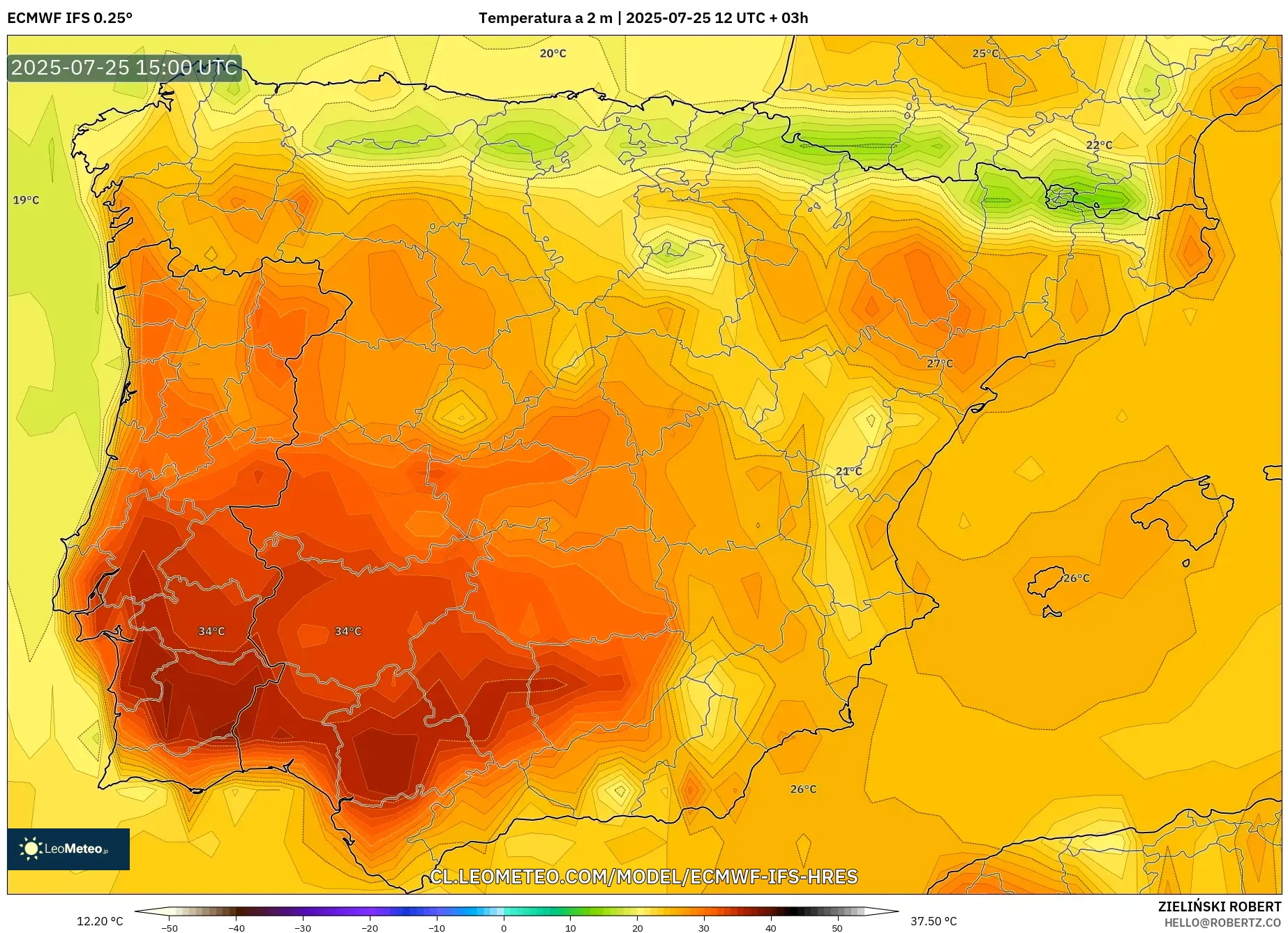 ECMWF IFS 0.25° model - España, Temperatura a 2 m ECMWF IFS 0.25° model - España, Temperatura a 2 m