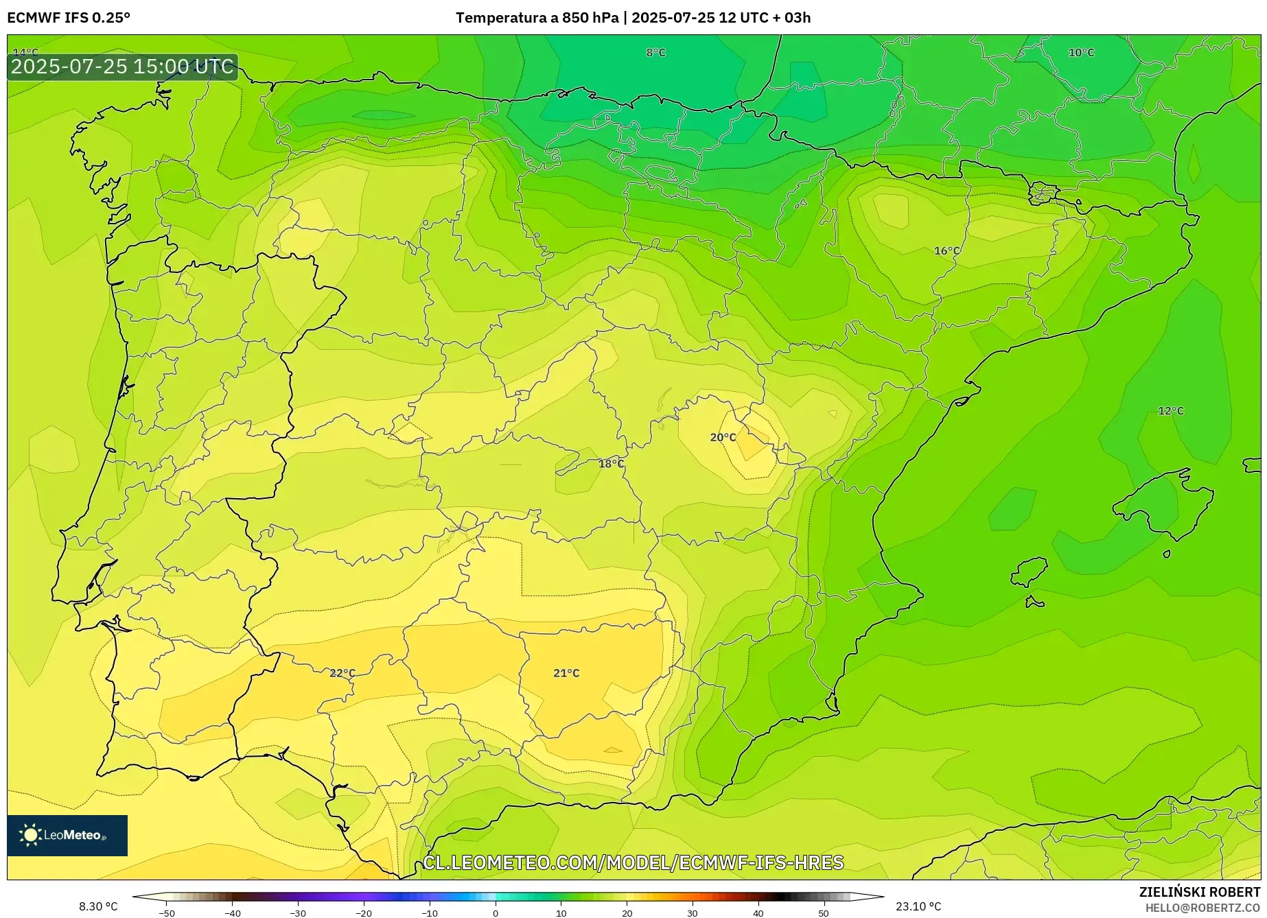 ECMWF IFS 0.25° model - España, Temperatura a 850 hPa ECMWF IFS 0.25° model - España, Temperatura a 850 hPa