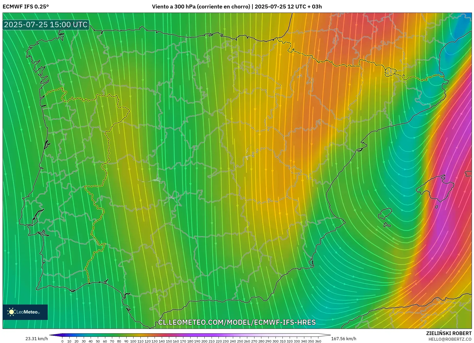 ECMWF IFS 0.25° model - España, Viento a 300 hPa (corriente en chorro) ECMWF IFS 0.25° model - España, Viento a 300 hPa (corriente en chorro)