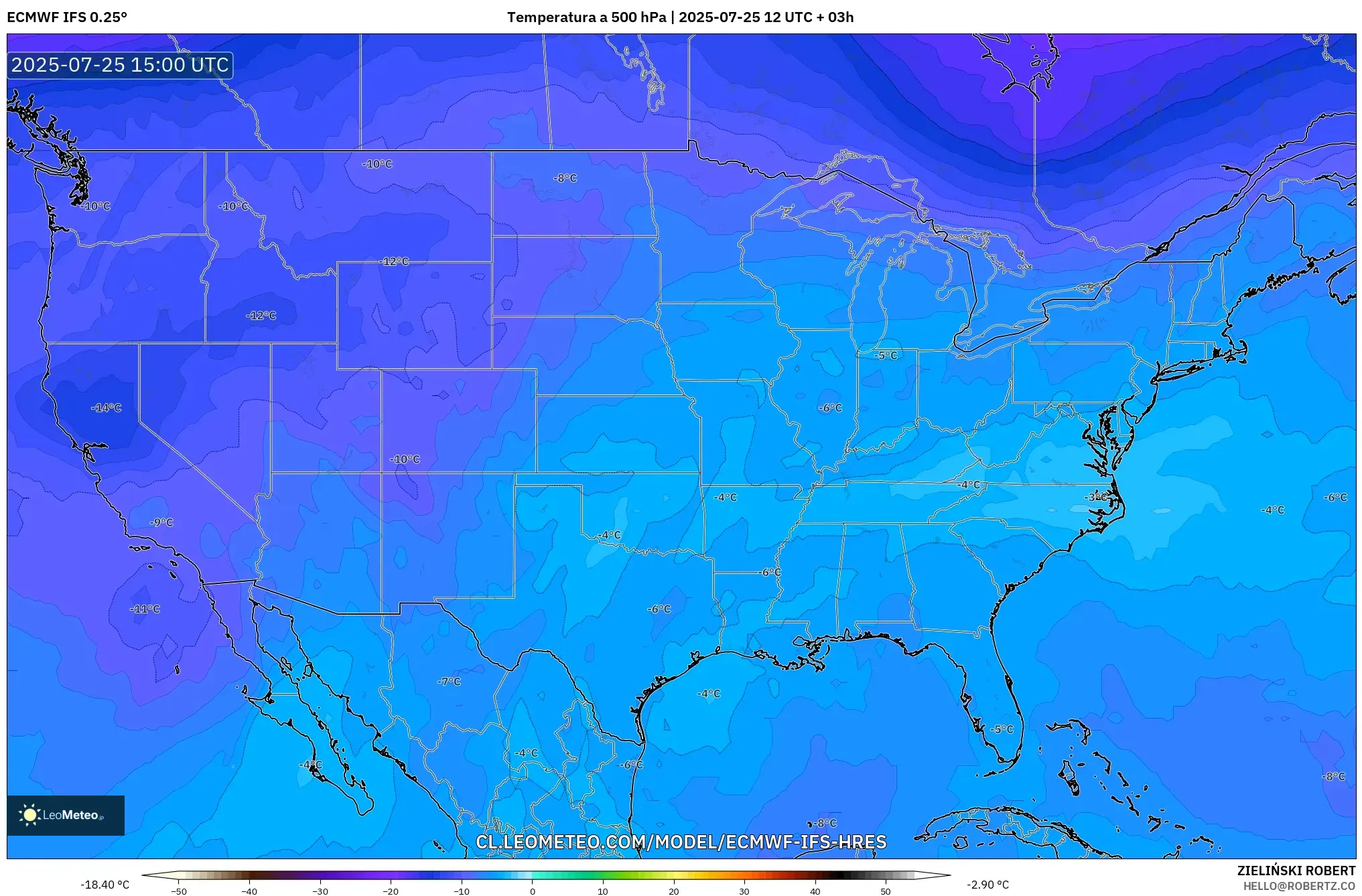 ECMWF IFS 0.25° model - Estados Unidos, Temperatura a 500 hPa ECMWF IFS 0.25° model - Estados Unidos, Temperatura a 500 hPa
