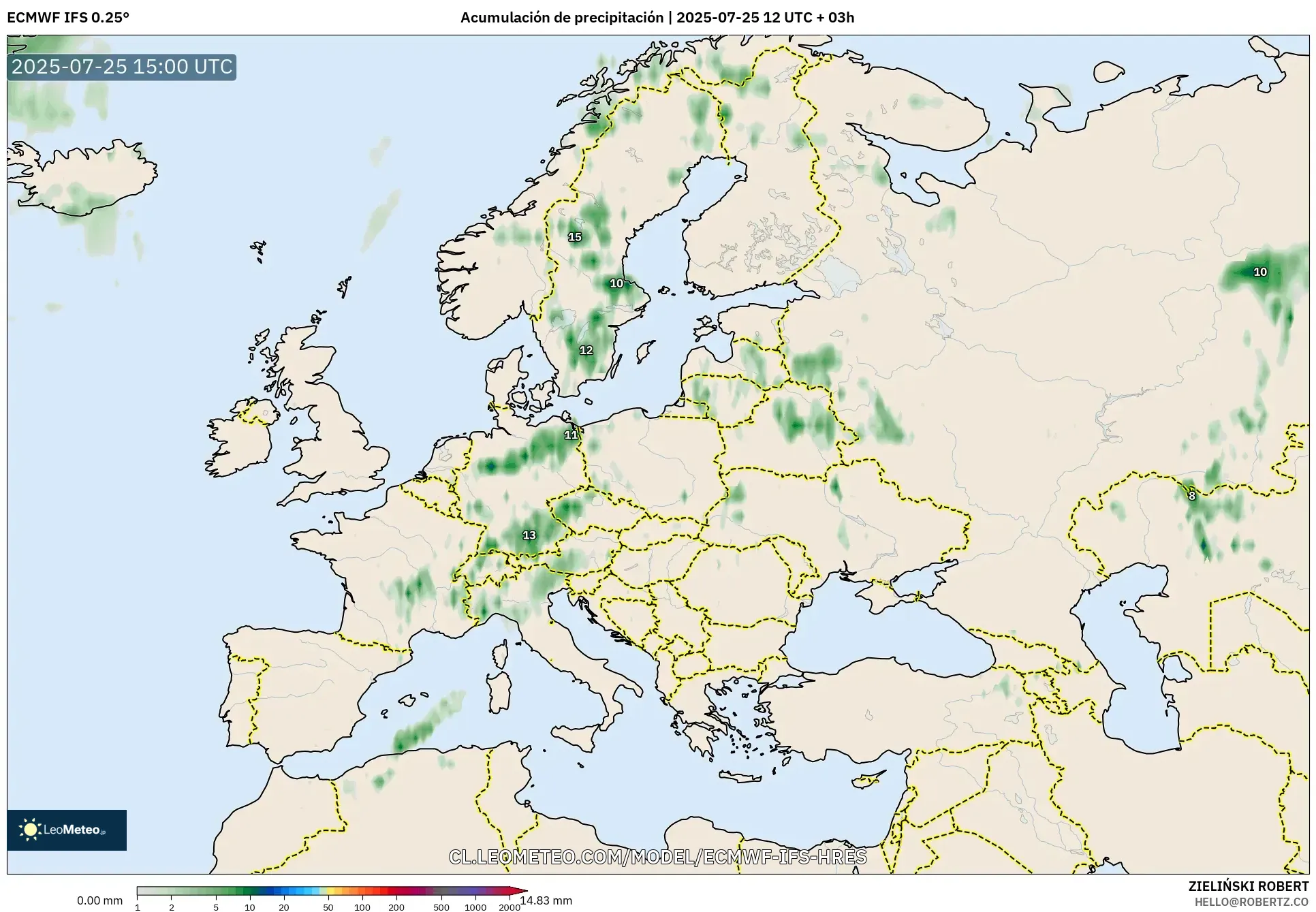 ECMWF IFS 0.25° model - Europa, Acumulación de precipitación