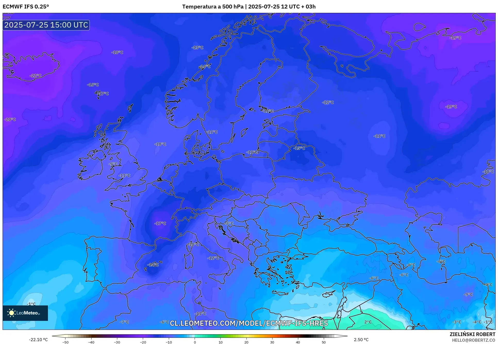 ECMWF IFS 0.25° model - Europa, Temperatura a 500 hPa ECMWF IFS 0.25° model - Europa, Temperatura a 500 hPa