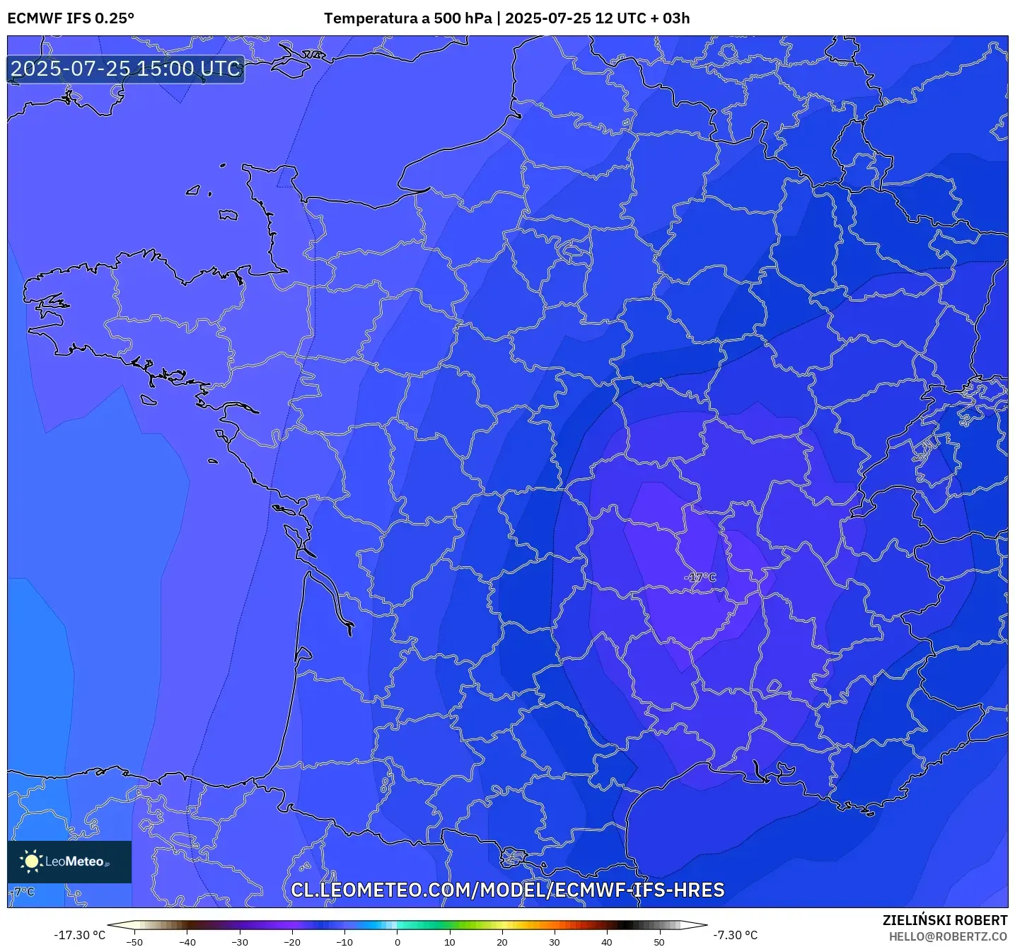 ECMWF IFS 0.25° model - Francia, Temperatura a 500 hPa ECMWF IFS 0.25° model - Francia, Temperatura a 500 hPa