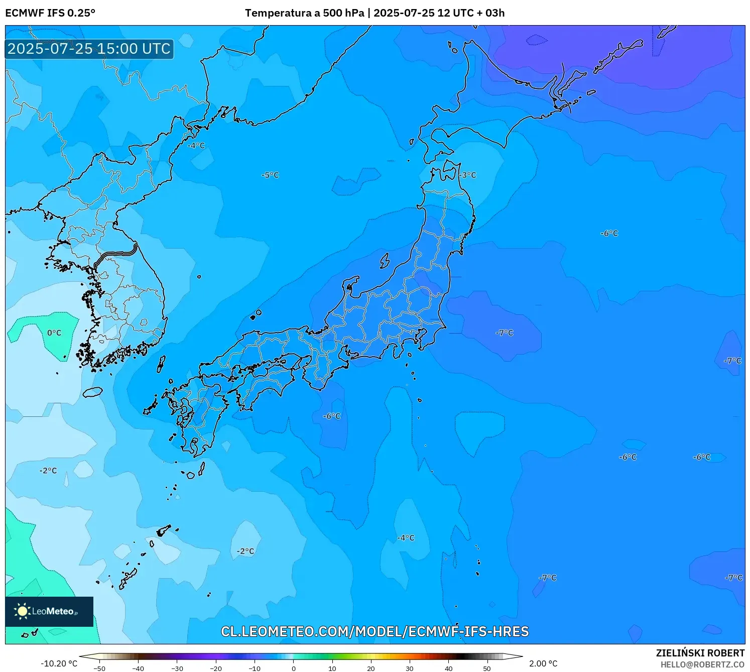 ECMWF IFS 0.25° model - Japón, Temperatura a 500 hPa ECMWF IFS 0.25° model - Japón, Temperatura a 500 hPa