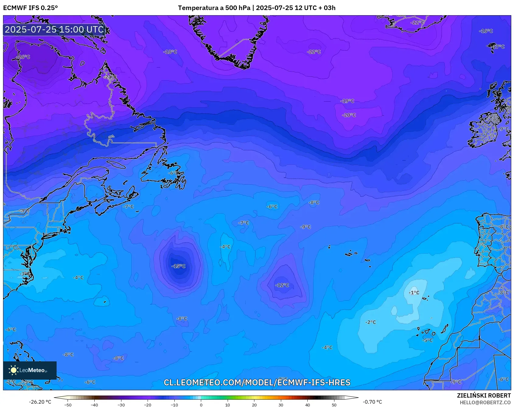 ECMWF IFS 0.25° model - Norte Atlántico, Temperatura a 500 hPa ECMWF IFS 0.25° model - Norte Atlántico, Temperatura a 500 hPa