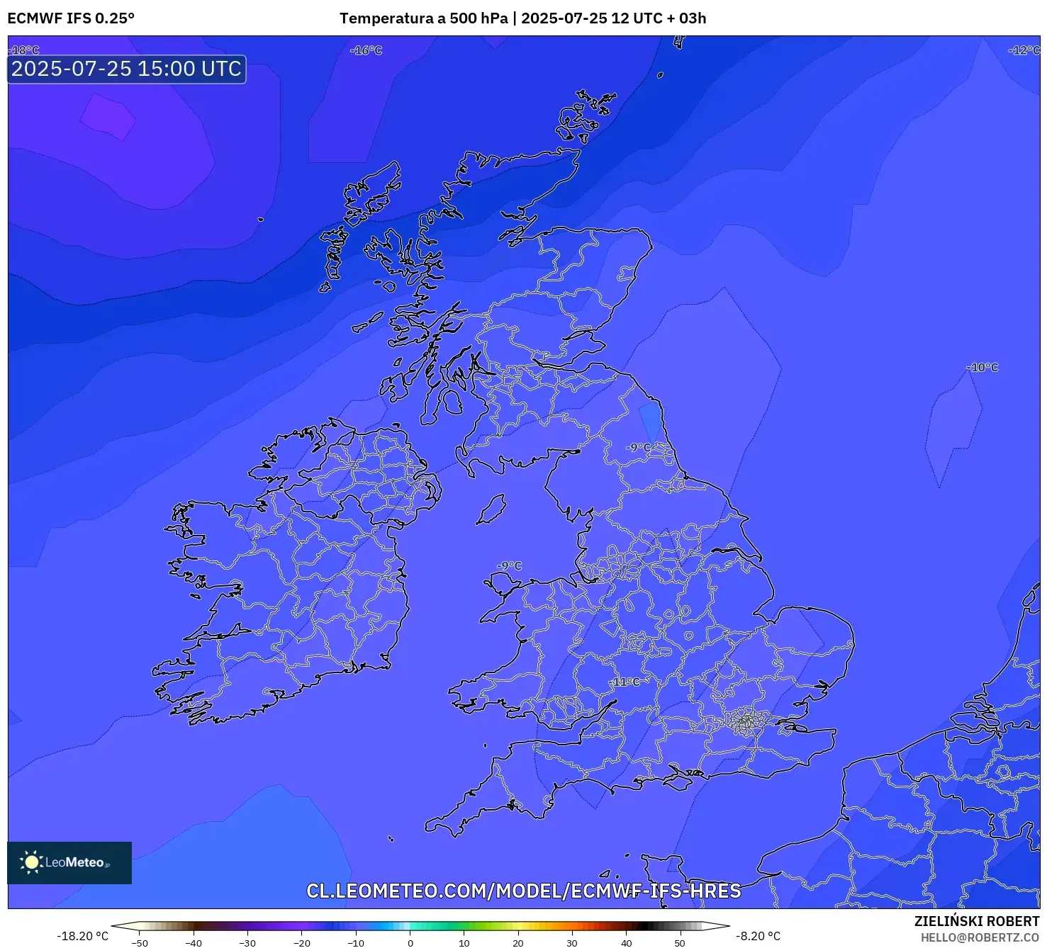ECMWF IFS 0.25° model - Reino Unido, Temperatura a 500 hPa ECMWF IFS 0.25° model - Reino Unido, Temperatura a 500 hPa
