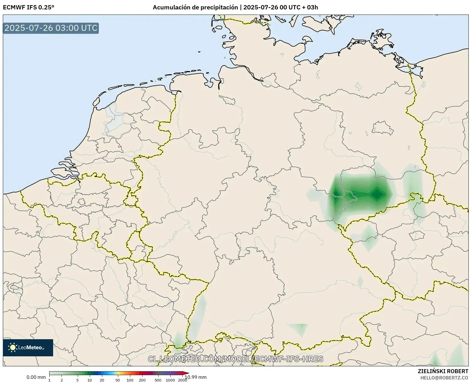ECMWF IFS 0.25° model - Alemania, Acumulación de precipitación