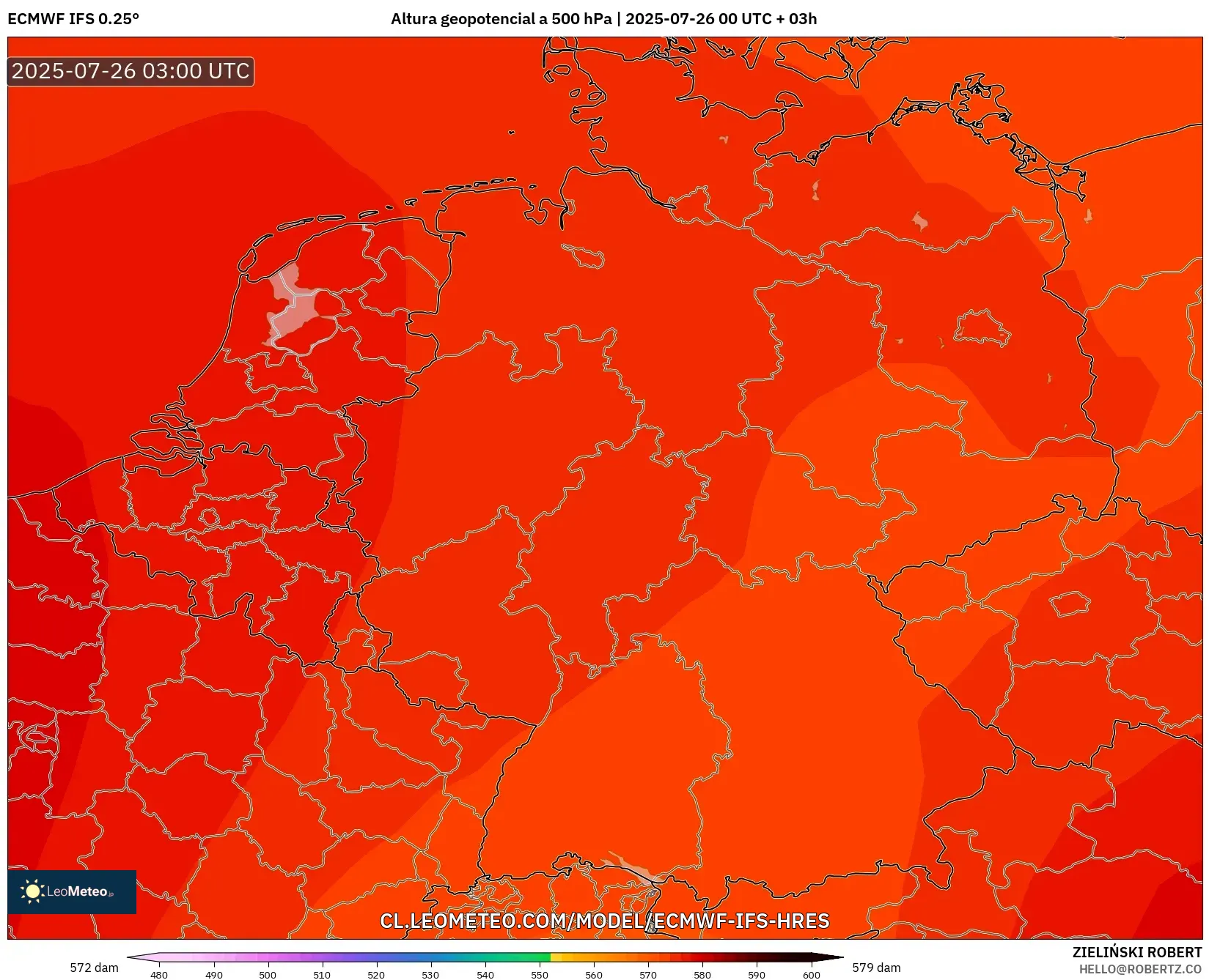 ECMWF IFS 0.25° model - Alemania, Altura geopotencial a 500 hPa
