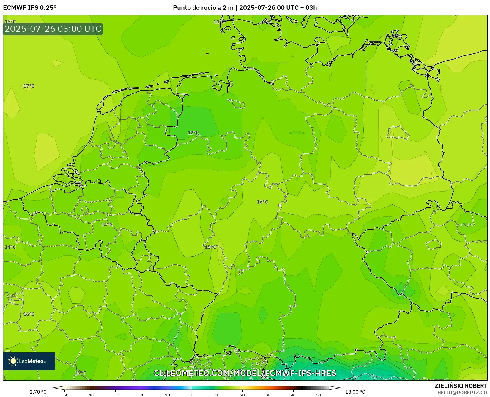 ECMWF IFS 0.25° model - Alemania, Punto de rocío a 2 m