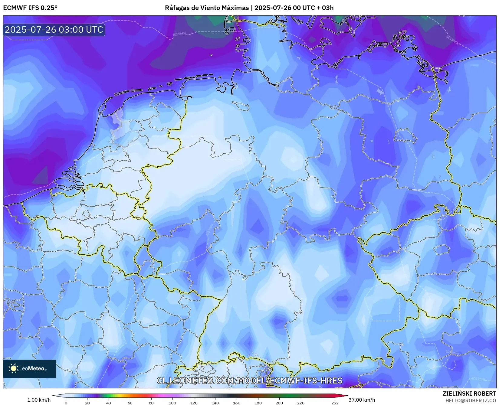 ECMWF IFS 0.25° model - Alemania, Ráfagas de Viento Máximas