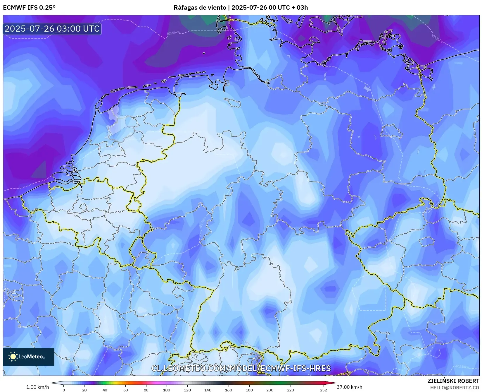 ECMWF IFS 0.25° model - Alemania, Ráfagas de viento