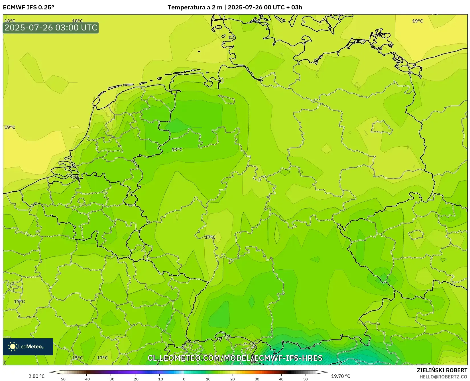 ECMWF IFS 0.25° model - Alemania, Temperatura a 2 m