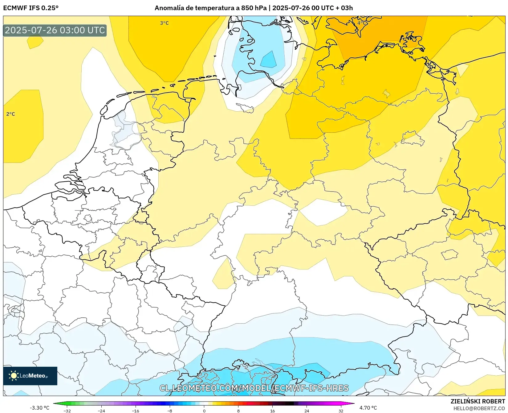ECMWF IFS 0.25° model - Alemania, Anomalía de temperatura a 850 hPa