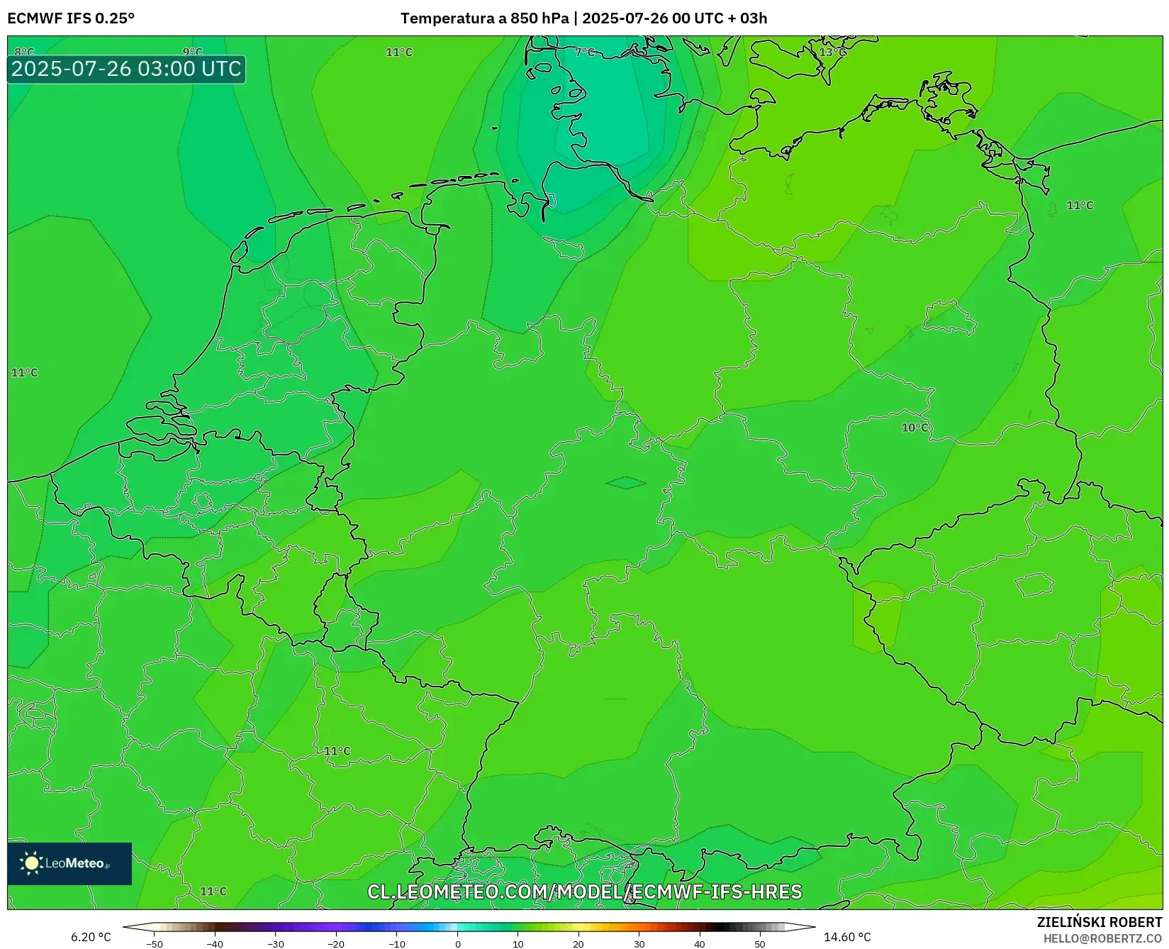 ECMWF IFS 0.25° model - Alemania, Temperatura a 850 hPa