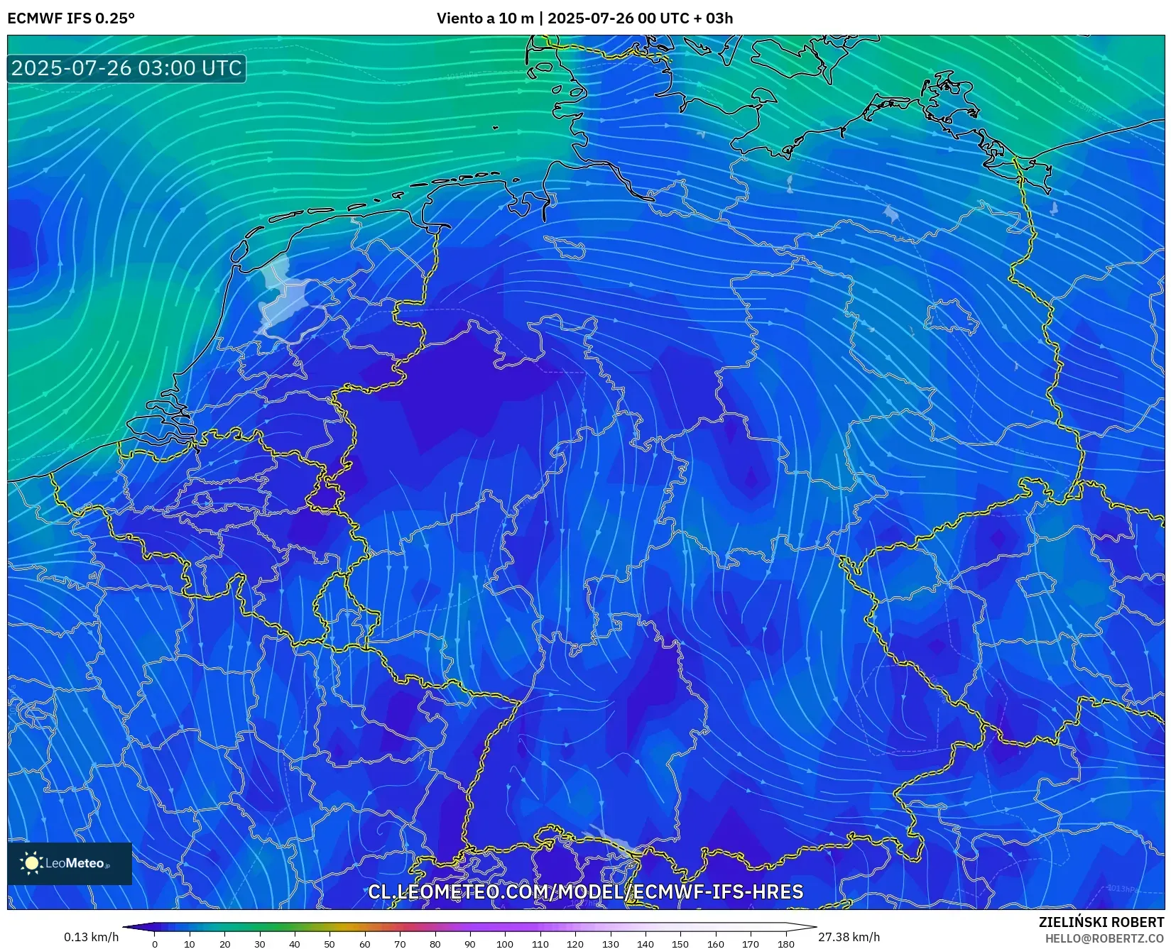 ECMWF IFS 0.25° model - Alemania, Viento a 10 m