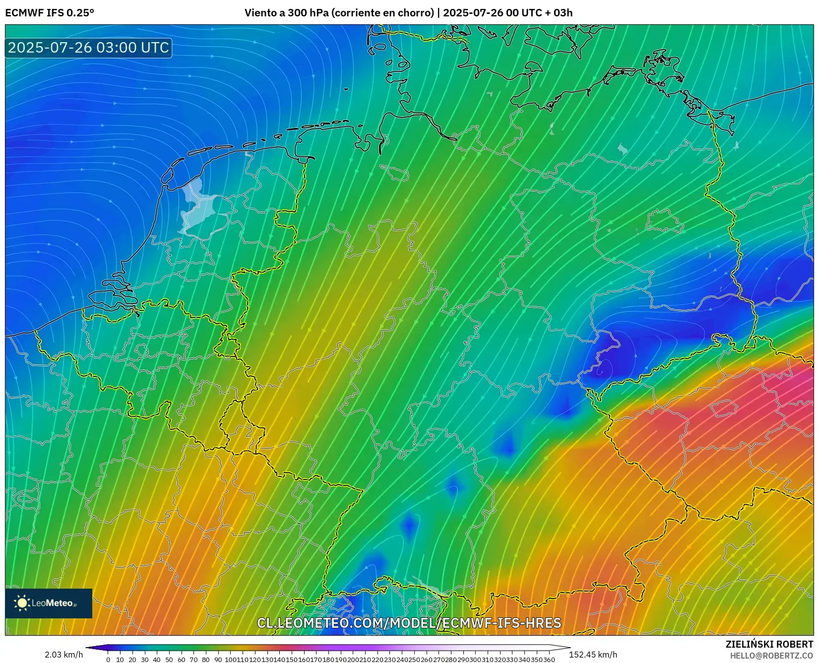 ECMWF IFS 0.25° model - Alemania, Viento a 300 hPa (corriente en chorro)
