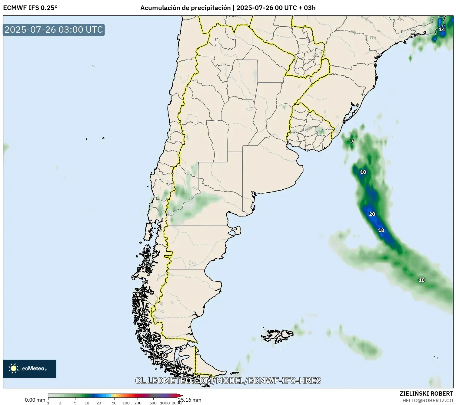 ECMWF IFS 0.25° model - Argentina, Acumulación de precipitación