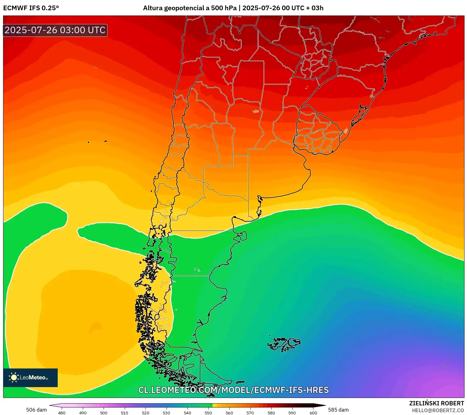ECMWF IFS 0.25° model - Argentina, Altura geopotencial a 500 hPa
