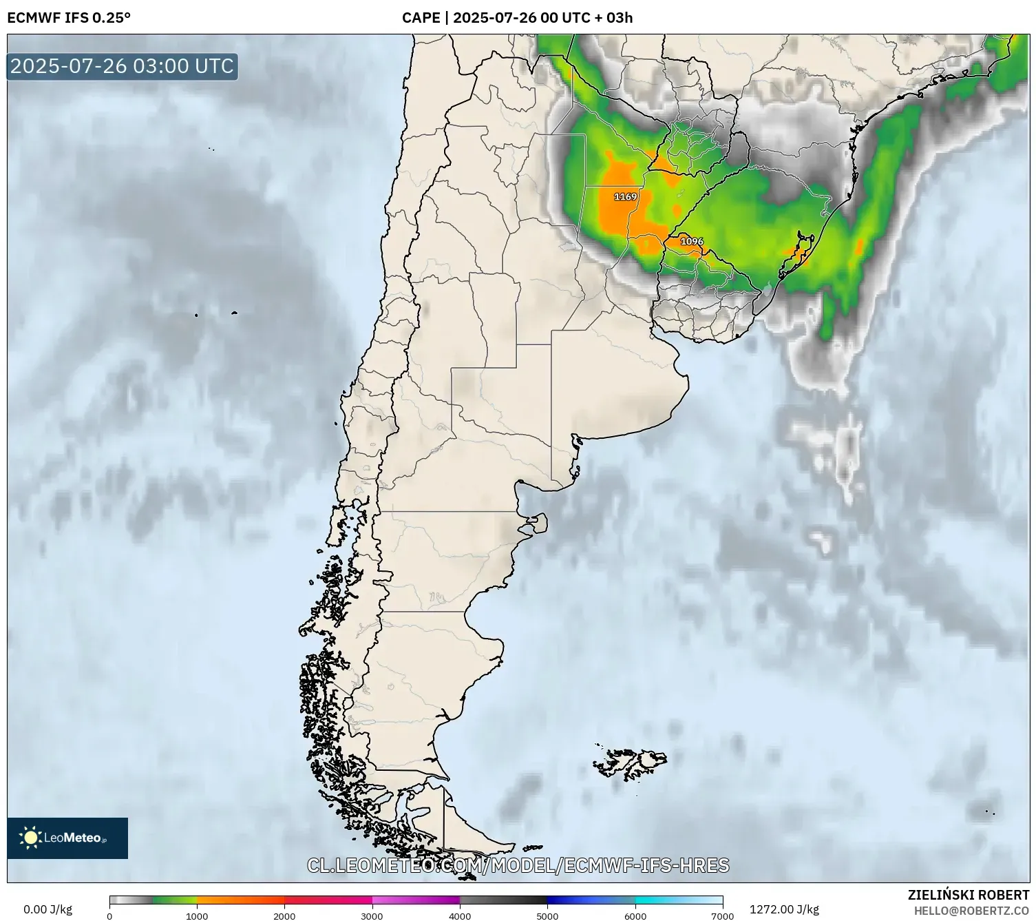ECMWF IFS 0.25° model - Argentina, CAPE