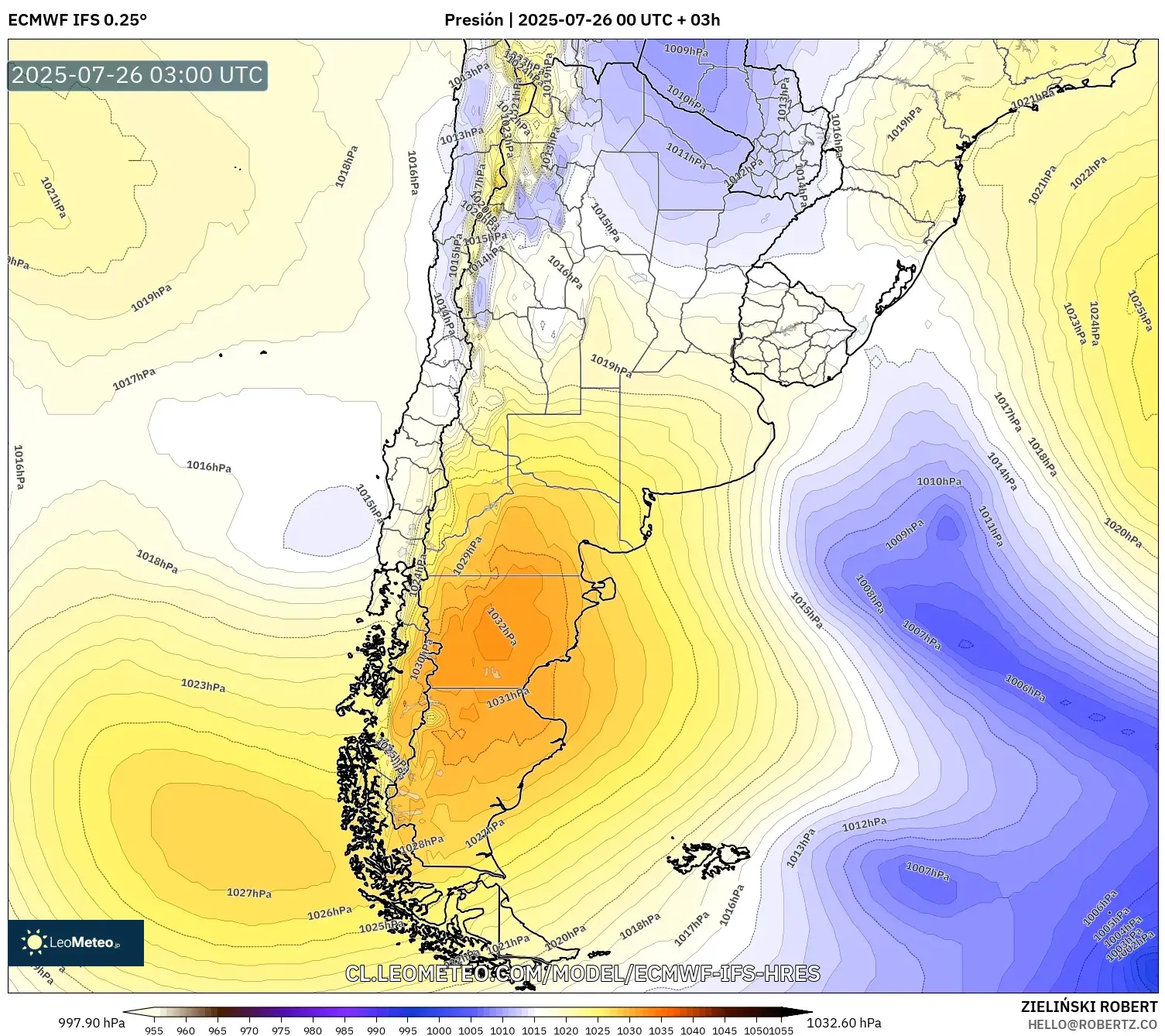 ECMWF IFS 0.25° model - Argentina, Presión