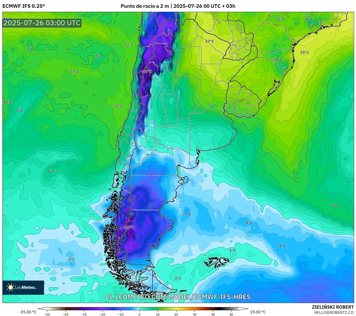 ECMWF IFS 0.25° model - Argentina, Punto de rocío a 2 m