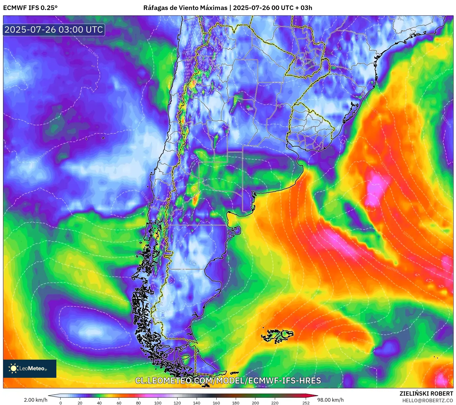 ECMWF IFS 0.25° model - Argentina, Ráfagas de Viento Máximas