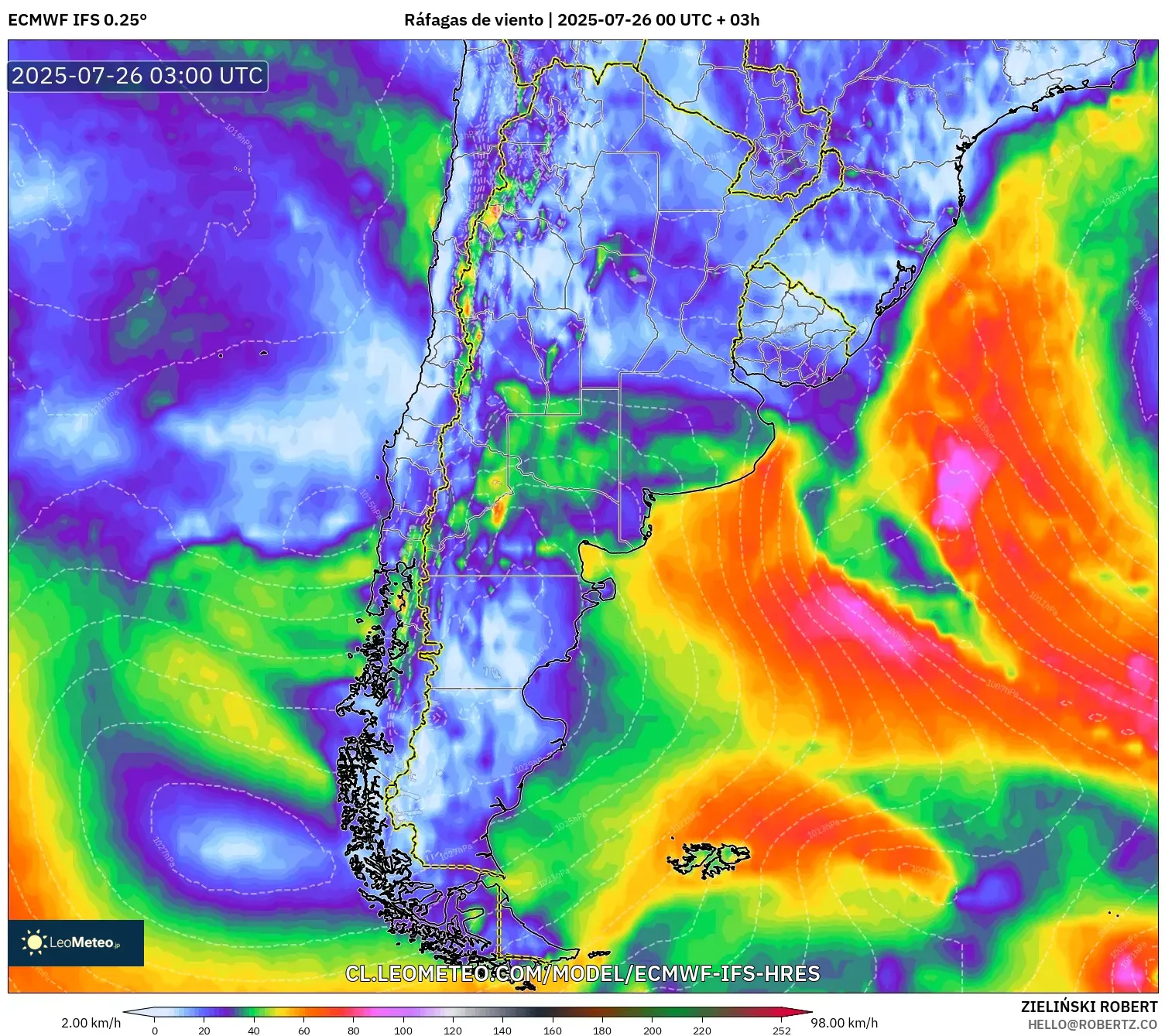 ECMWF IFS 0.25° model - Argentina, Ráfagas de viento