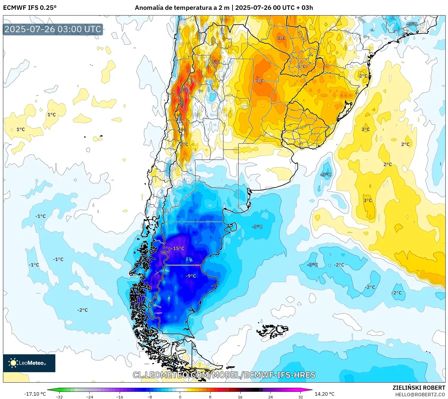 ECMWF IFS 0.25° model - Argentina, Anomalía de temperatura a 2 m