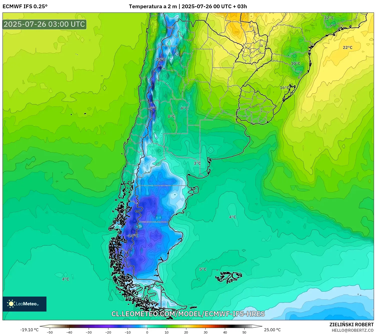 ECMWF IFS 0.25° model - Argentina, Temperatura a 2 m