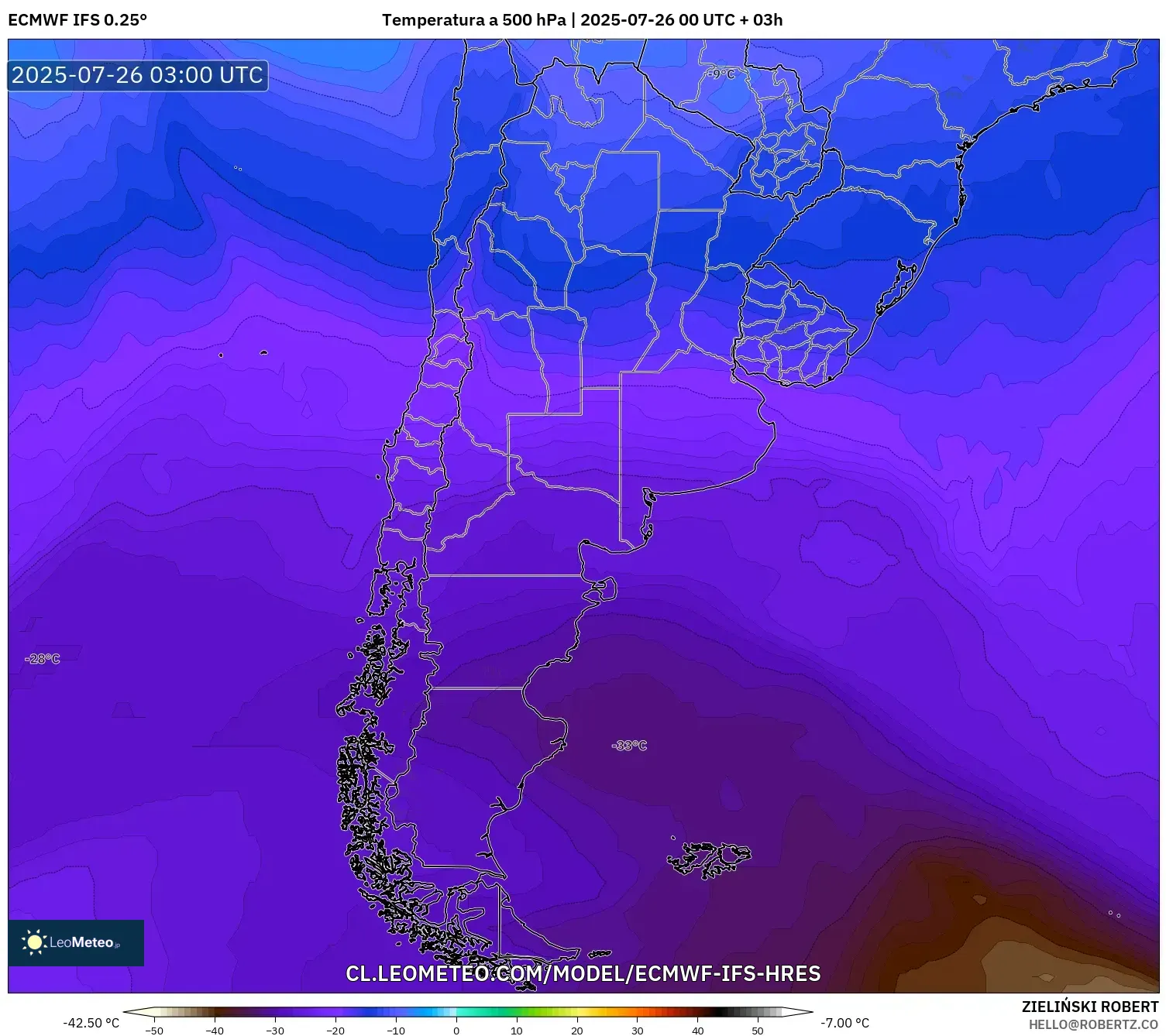 ECMWF IFS 0.25° model - Argentina, Temperatura a 500 hPa