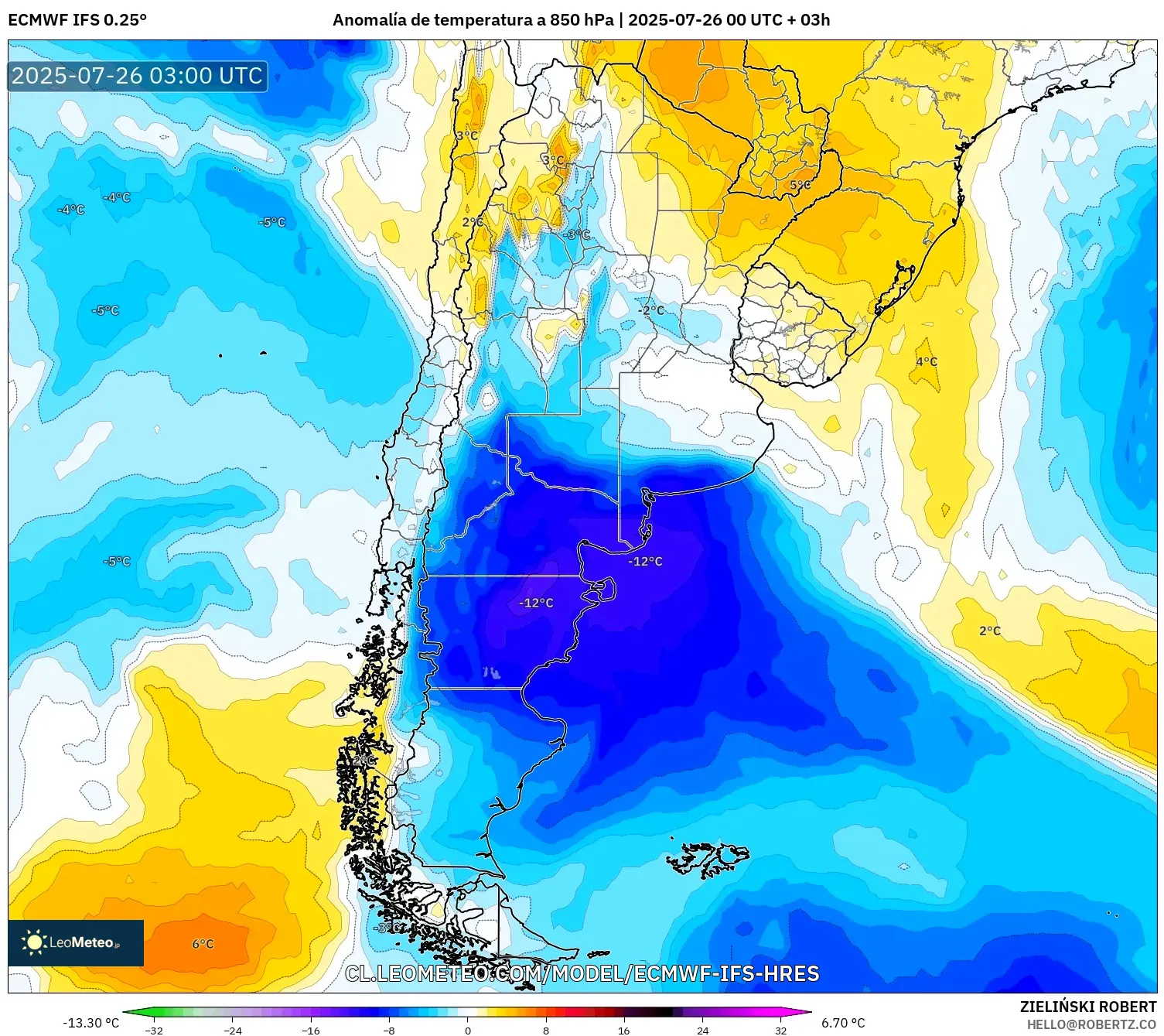 ECMWF IFS 0.25° model - Argentina, Anomalía de temperatura a 850 hPa