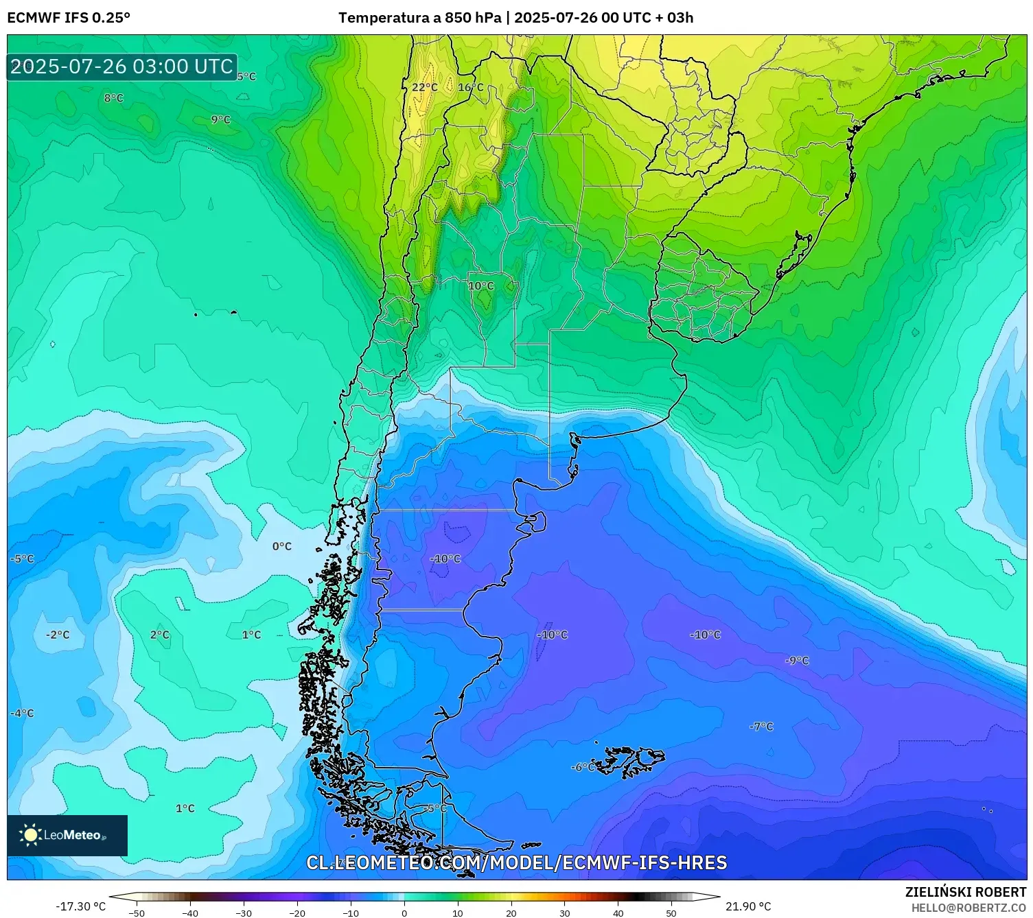ECMWF IFS 0.25° model - Argentina, Temperatura a 850 hPa